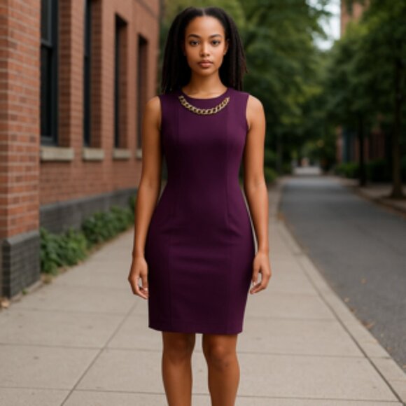 Calvin Klein Sheath Dress Plum Gold Chain Neckline Size 10 | Sleeveless Workwear - Picture 1 of 7